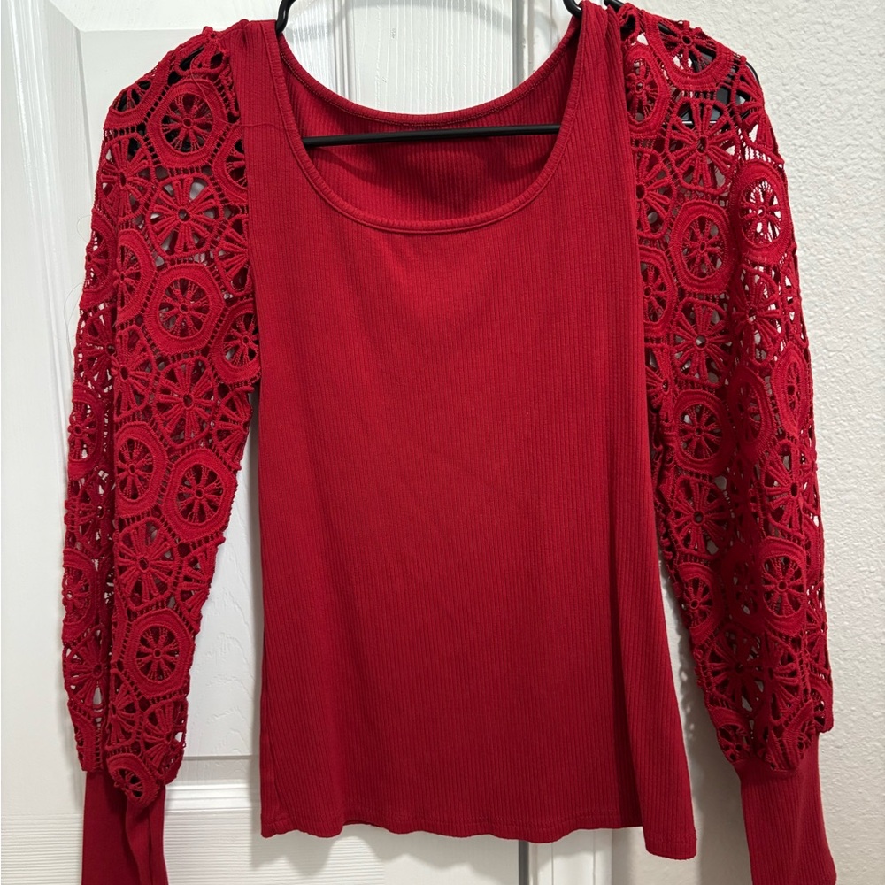 red fitted shirt with detail poof sleeves